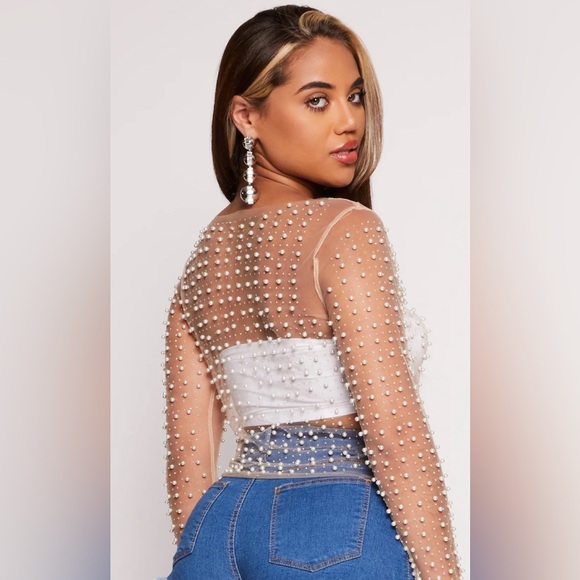 Haute Monde Tops - Haute Monde Mesh Rhinestone Faux Pearl Top - Nude